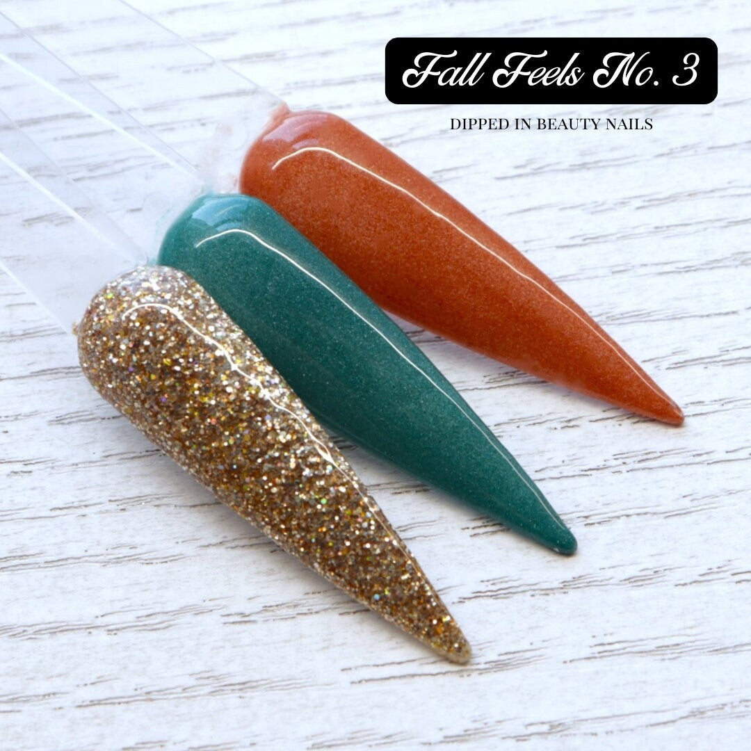 Fall Feels No. 3 dip powder collection, gold and teal glitter dip powder for nails, colored acrylic for Autumn and fall nails