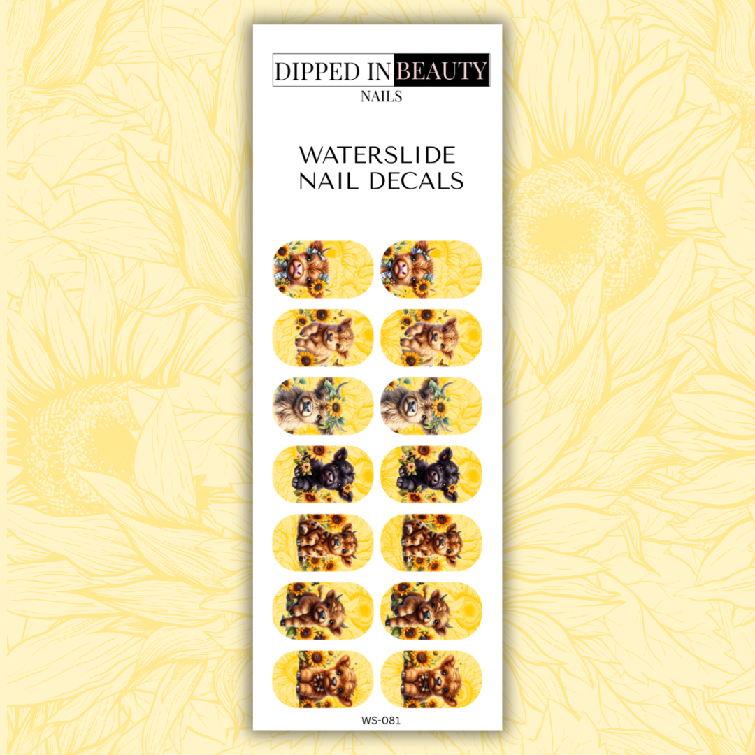 Highland Cow Sunflower Nail Decals | Waterslide 081