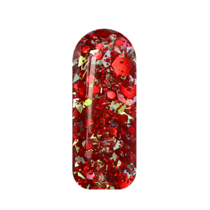 Merry Mayhem red glitter shard holiday dip powder swatch with sparkling flakes.