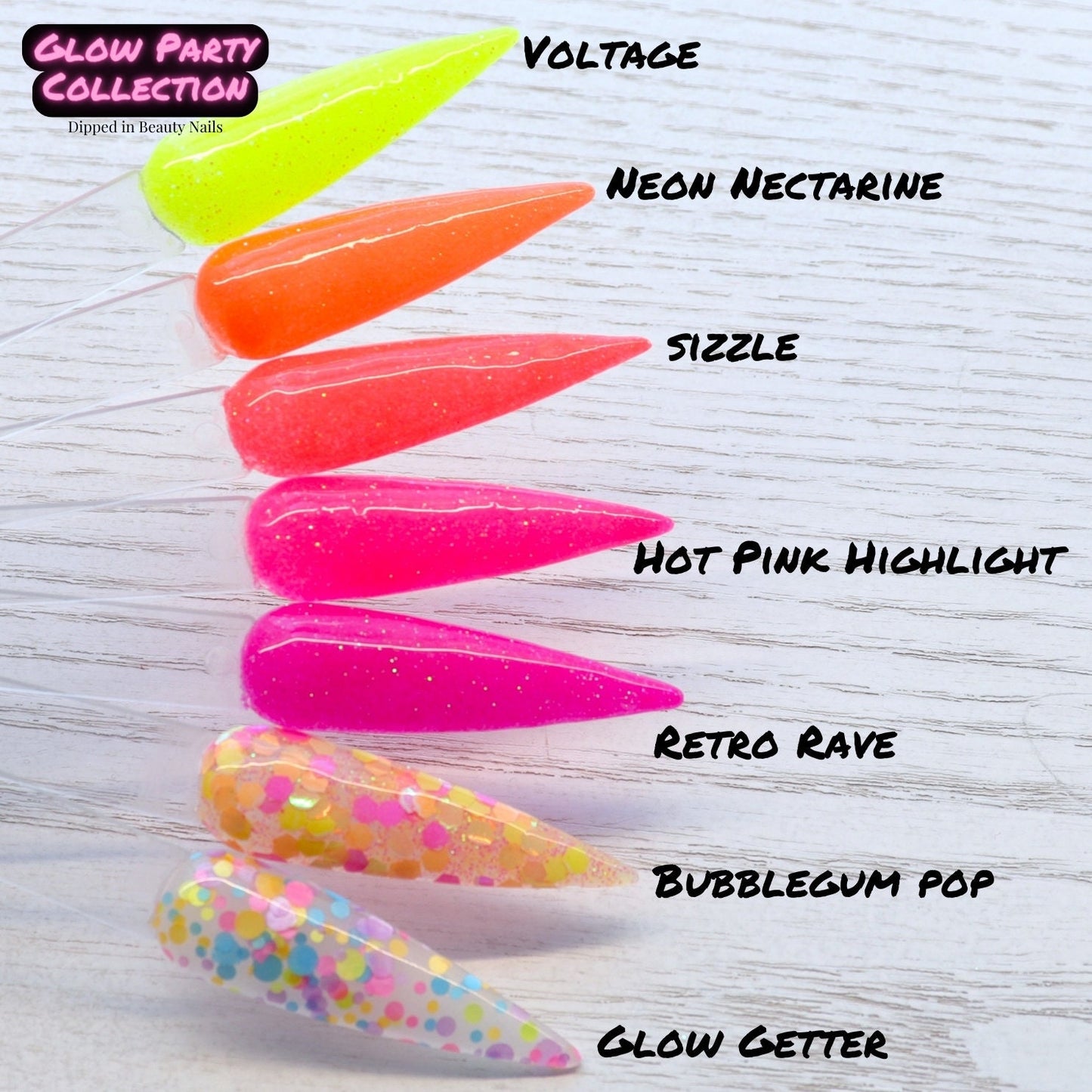 Glow Party neon dip powder collection, glow in the dark dip powder for summer nails