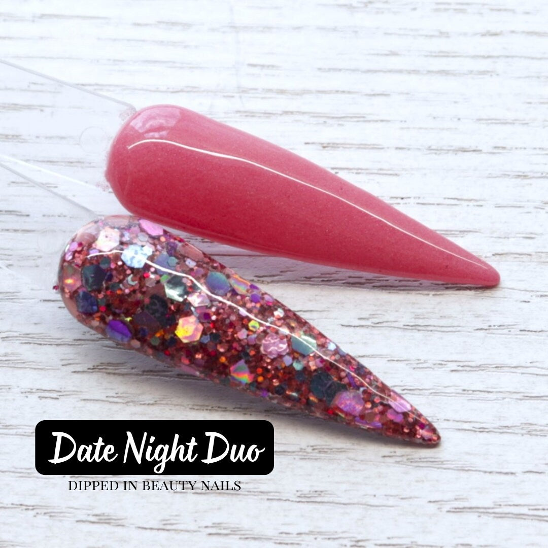 Date Night Duo dip powder set, pink chunky glitter dip powder and solid pink colored acrylic powder for nails, dip powder duo