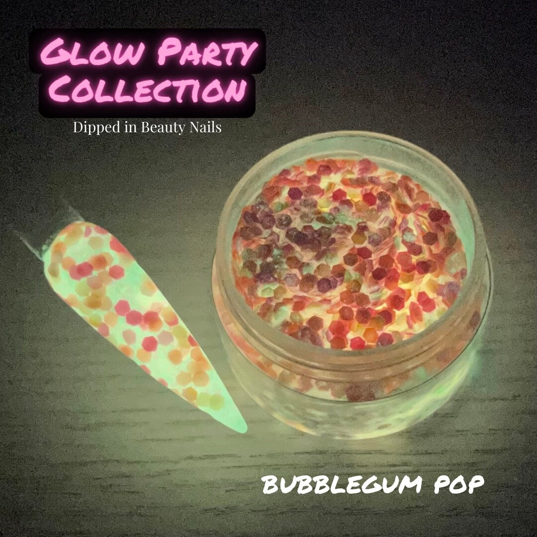 Bubblegum Pop - pink and yellow glow in the dark glitter dip powder for summer nails, dip powder topper