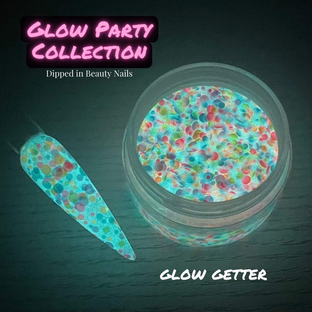 Glow Getter - rainbow glow in the dark glitter dip powder for summer nails, dip powder topper for nails