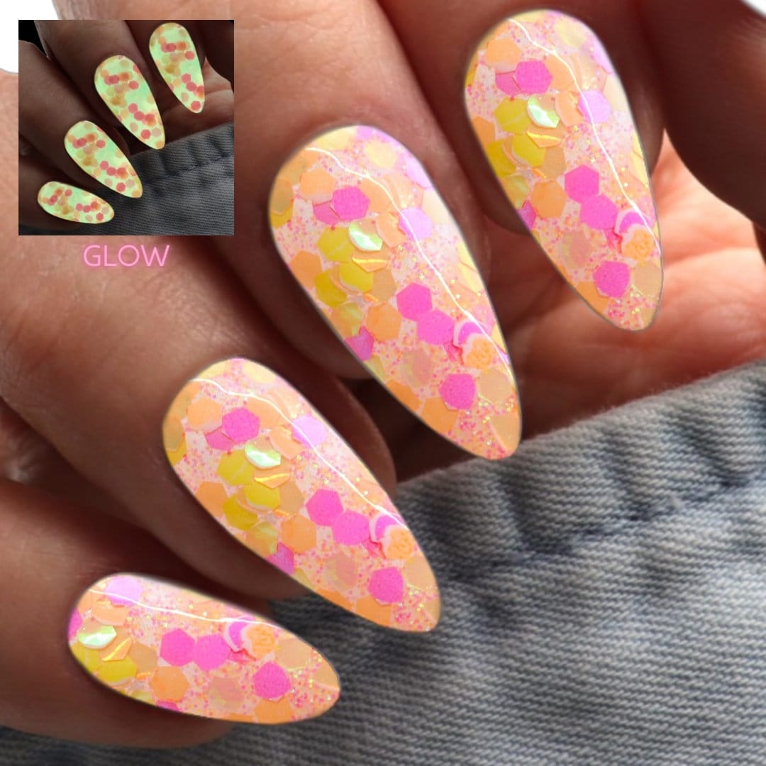 Bubblegum Pop - pink and yellow glow in the dark glitter dip powder for summer nails, dip powder topper