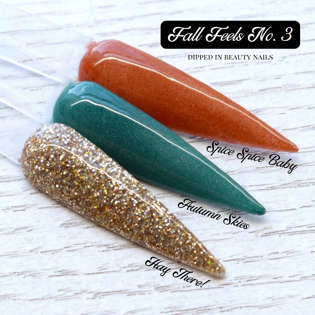 Fall Feels No. 3 dip powder collection, gold and teal glitter dip powder for nails, colored acrylic for Autumn and fall nails