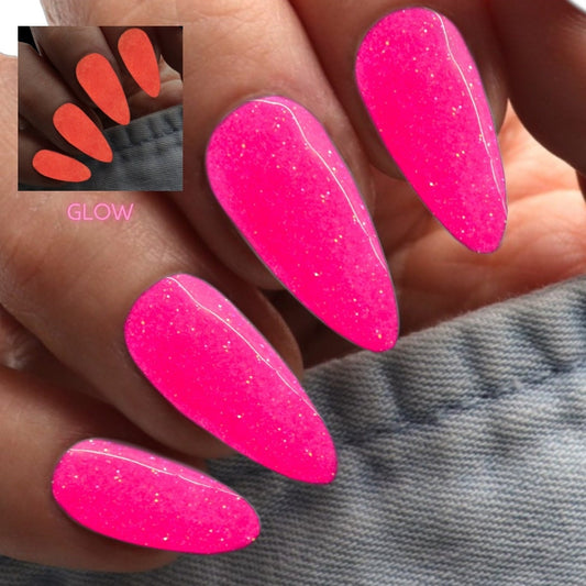 Hot Pink Highlight - neon pink glow in the dark glitter dip powder for nails