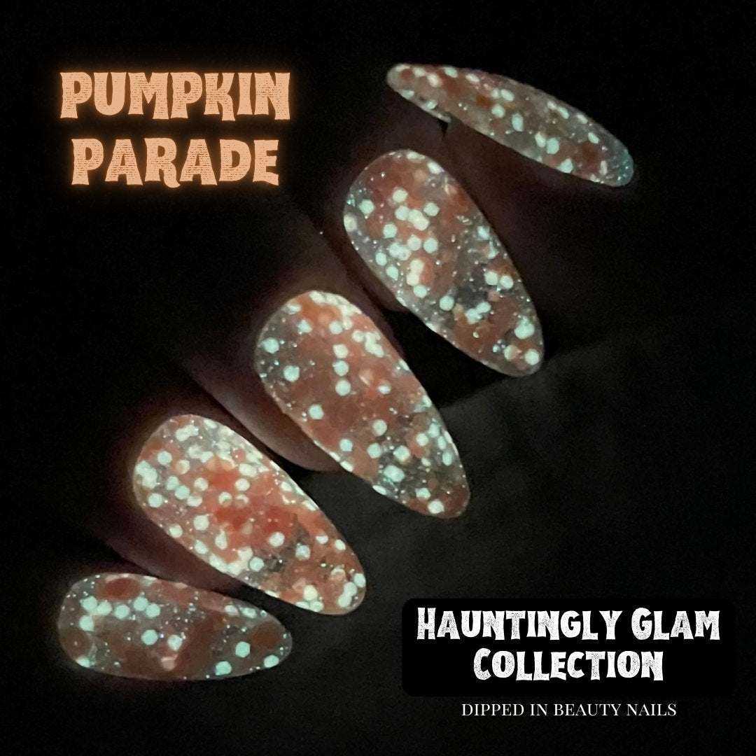 Pumpkin Parade - orange glow in the dark glitter dip powder for Halloween nails and fall