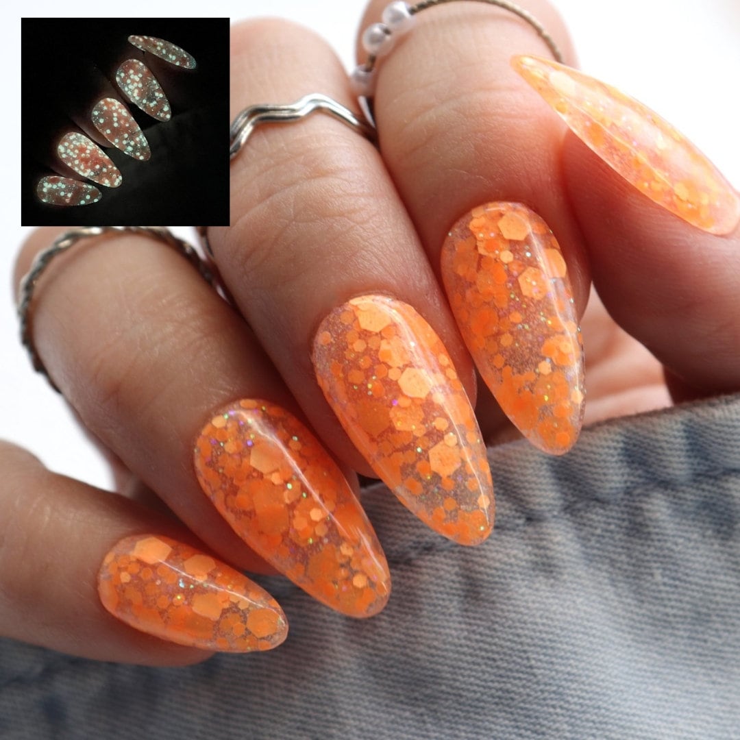 Pumpkin Parade - orange glow in the dark glitter dip powder for Halloween nails and fall