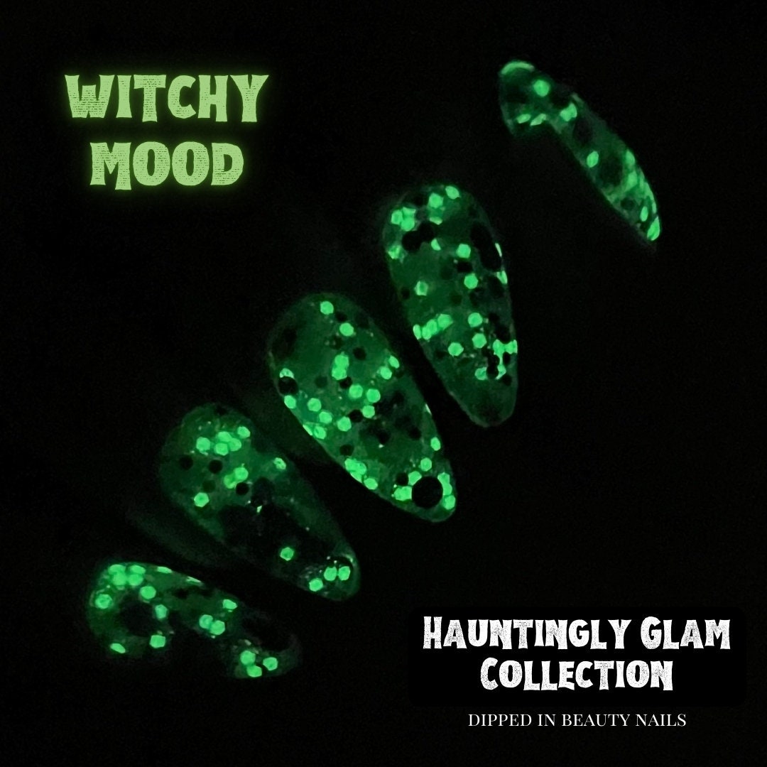 Witchy Mood - glow in the dark glitter dip powder for Halloween nails and fall